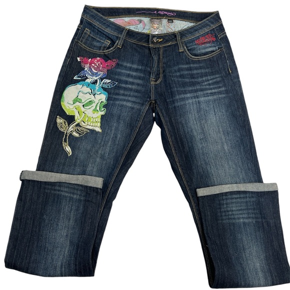 Ed Hardy Jeans Straight Leg Skull Rose Rhinestone Embroidered Painted Size 14 - Picture 3 of 14